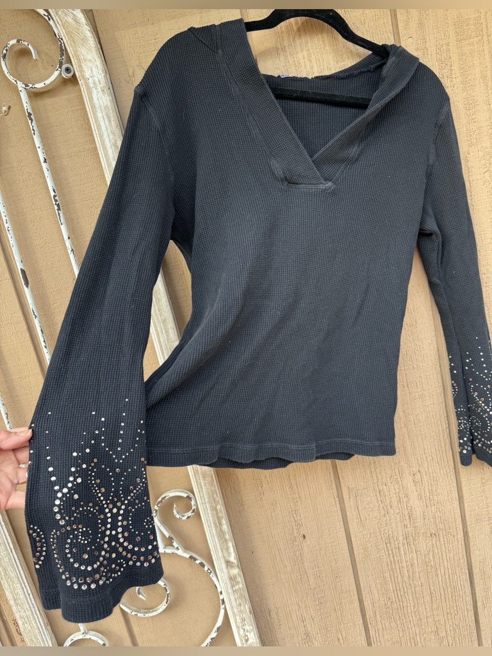 Royal Plush Black Thermal Top Embellished Bell Sleeves